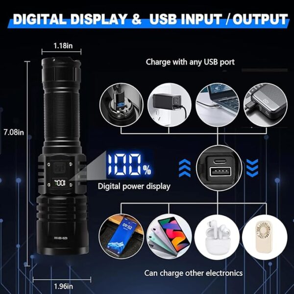 Rechargeable LED Flashlights 1000000 High Lumens,ðððð ððð° High Powered Waterproof Tactical Flashlight Spotlight Flashlight for Home, Bright Flashlight Black for Outdoor Camping Emergency - Image 5