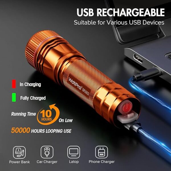 WdtPro Rechargeable Flashlights High Lumens, 1 Pack Super Bright LED Small Tactical EDC Flashlight with 10H Runtime, Portable Flash Light for Camping,Home,Emergency Essentials Orange Battery Included - Image 5