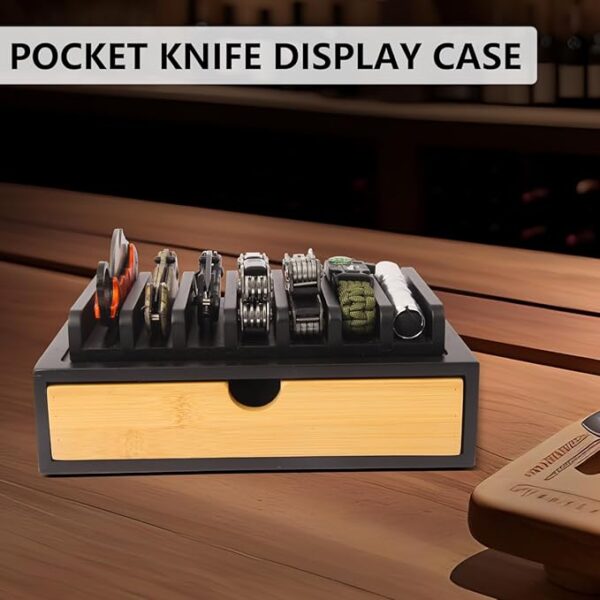 EDC Knife Rack, Pocket Knives Display Case Hold 7 Knives, Wooden EDC Gear Organizer Tray, Accessory Gear Display Organizer Box for Tactical, Survival, Outdoor, EDC Mini Knife - Black - Image 3