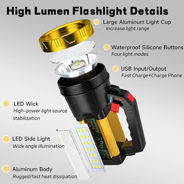 Rechargeable LED Flashlight,4 Light Modes Handheld Spotlight with USB Output,Super Bright Flash Light for Emergency,Outdoor Hiking,Camping - Image 6