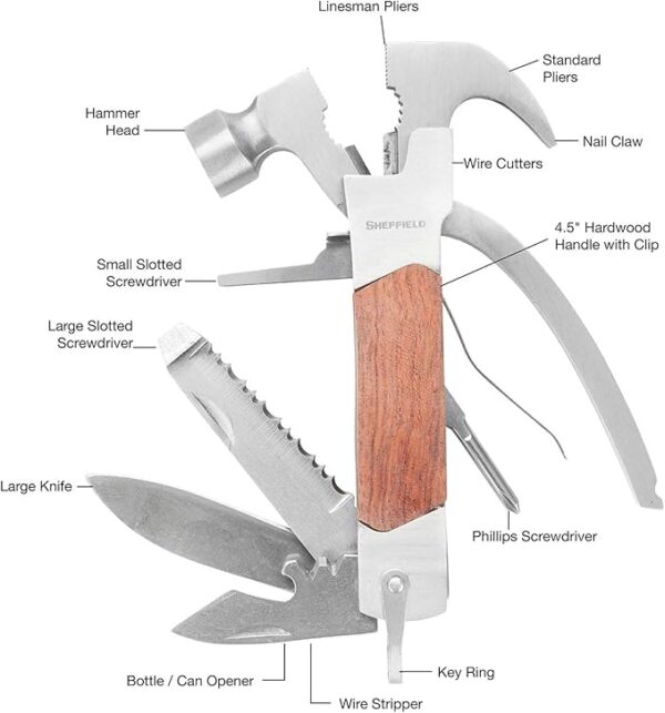 Sheffield 12913 Premium 14-in-1 Hammer Multi Tool, Multipurpose Tool for the Home, Camping Equipment, and Work, Hammer, Pliers, Survival Knife, & More - Image 3