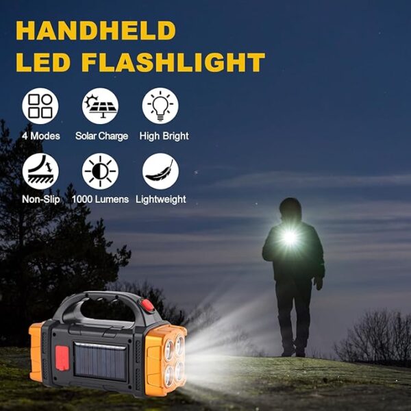 Solar LED Flashlight, High Lumen Handheld Rechargeable Outdoor Spotlight, 4 Light Mode Searchlight for Camping Emergencies Hunting - Image 6