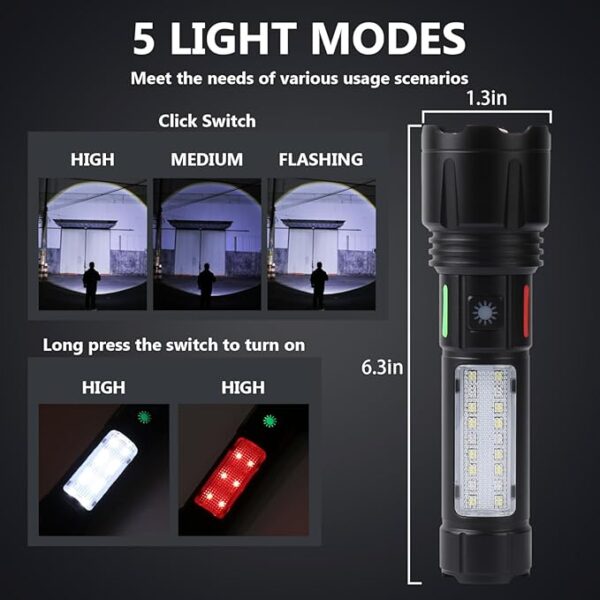 Rechargeable Tactical Flashlight 990000LM High Lumen 5 Modes Super Bright, led Powerful 3300mAh Power Bank with COB Flash Light, Zoomable, Waterproof for Emergencies, Camping, Hiking - Image 5