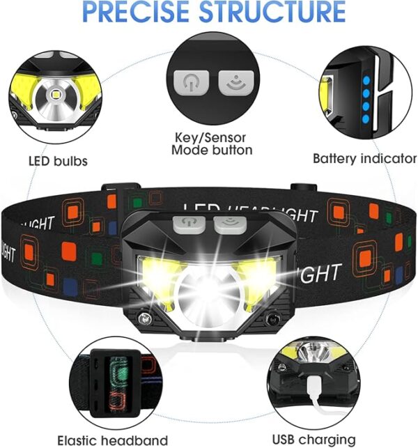 LHKNL Headlamp Flashlight, Lumen Ultra-Light Bright LED Rechargeable Headlight with White Red Light, 2-Pack Waterproof Motion Sensor Head Lamp,8 Modes for Outdoor Camping Running Hiking Fishing - Image 3