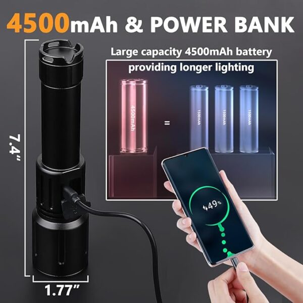 Rechargeable 4500mAh Tactical Flashlight LED High Lumens with 5 Modes, Powerful & USB Super Bright Waterproof for Camping Emergencies - Image 4