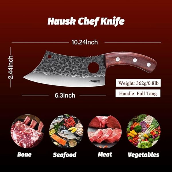 Huusk Meat Cleaver Knife, Hand Forged Butcher Knife for Meat Cutting, Full Tang Viking Knife with Sheath, Japanese Chef Knives for Kitchen, Outdoor Cooking, Camping, BBQ, Gift for Man and Women - Image 6