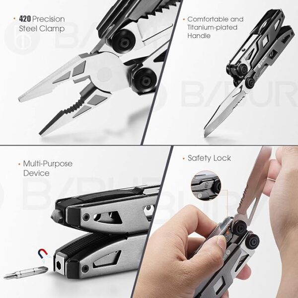 BIBURY Multitool Pliers, 18 in 1 Multi Tool with Titanium-Plated Handle & Safety Hammer, Safety Locking Design Stainless Steel Tool Pocket Knife for Outdoor, Survival, Camping, Hiking, Home Repair - Image 6
