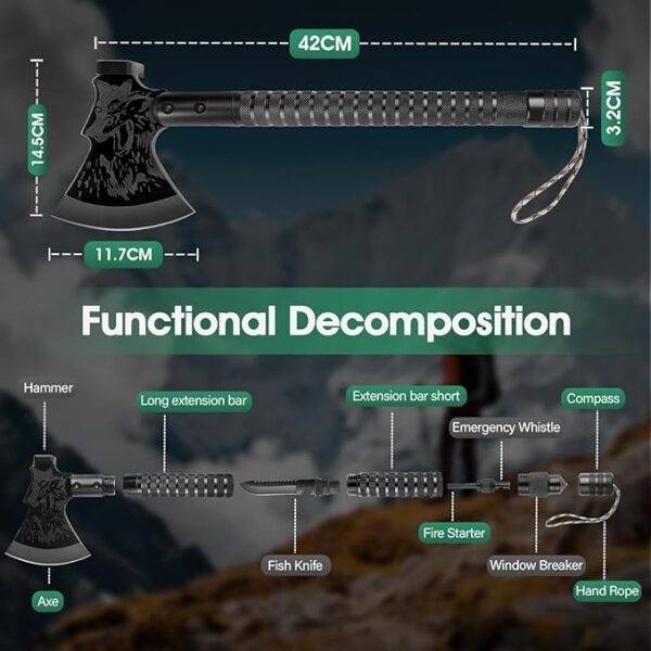 Survival Axe 10 in 1, Outdoor Adventure Tactical Axe, Sharp Camping Hatchet with Outdoor Knife, Compass and Hammer, Multi-Purpose Tool for Forest Travel, Hunting and Camping - Image 3