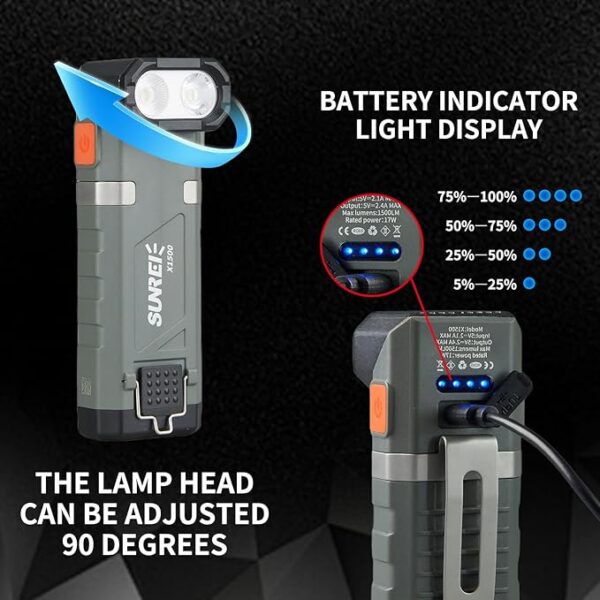 SUNREI 1500LM Super Bright EDC Flat Flashlight, 90Â° Adjustable Head Rechargeable Tactical Flashlight with Magnetic Base, Metal Clip & Hook, 6 Brightness Levels for Emergency, Outdoor Activities - Image 5