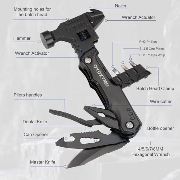 Upgraded 18-in-1 Multitool Hammer,Camping Knife with Adjustable Wrench,Screwdriver,Wire cutter,Hammer,Bottle Opener,Multi Tool for Men(Black) - Image 6