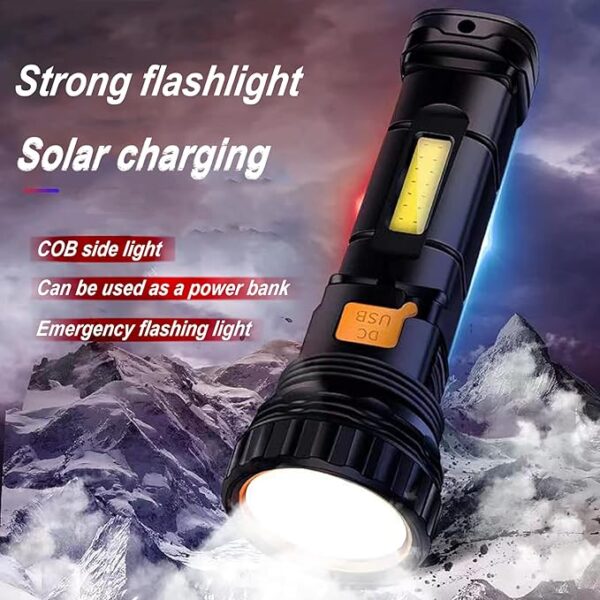 Solar/Rechargeable Multi Function 1000 Lumens LED Flashlight, with Emergency Strobe Light and 1200 Mah Battery, Emergency Power Supply and USB Charging Cable, Fast Charging (1PC) - Image 3