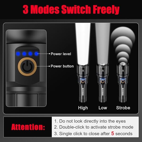 SKYFIRE LED Flashlight 4000 High Lumens with Ignition Lens, Gifts for Men Dad Fathers Day Rechargeable Super Bright Flashlights Handheld Flash Light for Outdoor, Emergency, Camping, Searching, Home - Image 6