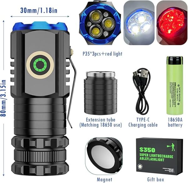 OneNine High Powered Torches, Mini Portable Type-C Rechargeable Super Bright LED Torch Lamp Flashlight, Mini Flashlight with Pocket Clip, Flashlight for Power Cuts, Camping, Hiking, Emergency (S450X) - Image 3