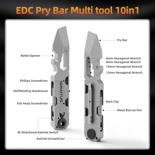 EDC Pry Bar Multitool with Bi-Directional Ratchet Screwdriver & Everlasting Pen, Wrenches, Crowbar, Bottle and Box Openers - Your Versatile Companion for Everyday Carry and Camping Accessories - Image 4
