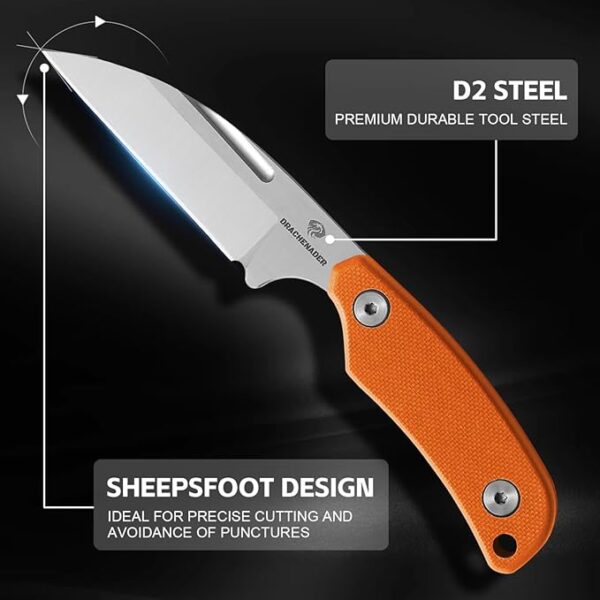 Small Fixed Blade Knife, 5.82" Full Tang Knife with D2 Steel 2.99" Blade, G10 Handle, Ergonomic Design for EDC, Camping, Hiking, and Survival (Silver Blade + Orange Handle, S-2-Sheepsfoot-Orange Handle) - Image 3