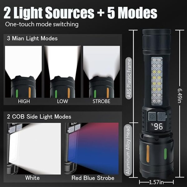 2 Pack Rechargeable High Lumens Flashlights,Waterproof Handheld Powerful Flash Light Set,5 Modes Super Bright Flashlight with COB Light,Flashlights for Emergencies,Home,Camping,Outdoor - Image 3