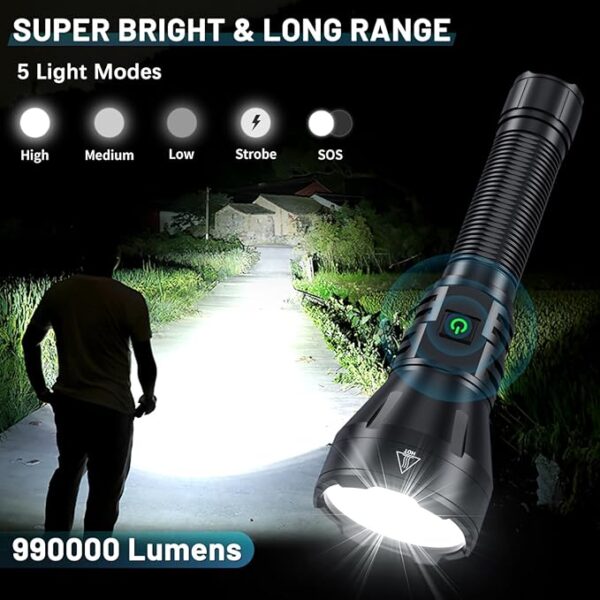 Rechargeable Flashlights High Lumens, 990000 Lumens Super Bright Flashlight, 5 Modes LED Powerful Flashlight Adjustable & Waterproof, Versatile Tactical Flashlight for Emergencies, Hiking, Camping - Image 3