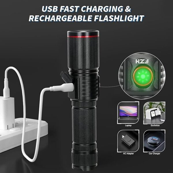 FZH Flashlights High Lumens Rechargeable 2PC 10000LM LED Infinitely Dimmable Super Bright USB Flash Light Powerful Handheld Tactical Torch, 5 Modes, Waterproof for Outdoor Emergencies Camping - Image 5