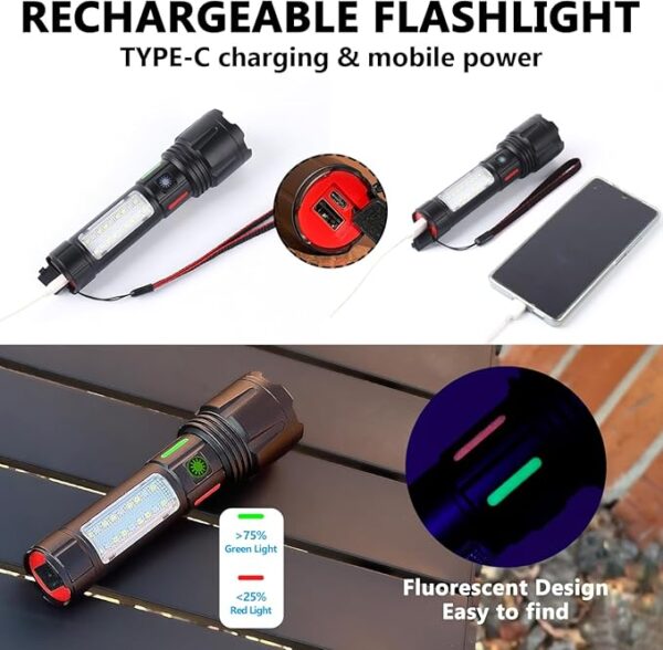 Rechargeable Tactical Flashlight 990000LM High Lumen 5 Modes Super Bright, led Powerful 3300mAh Power Bank with COB Flash Light, Zoomable, Waterproof for Emergencies, Camping, Hiking - Image 7