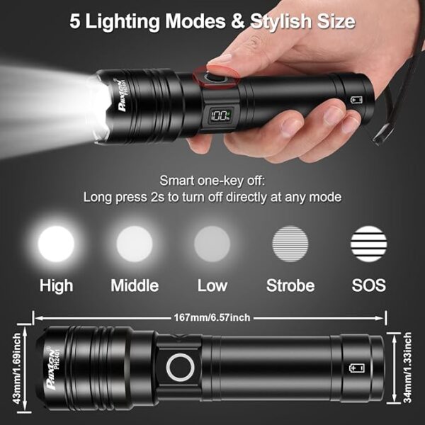 Rechargeable Flashlights 2000 High Lumens Long Range 3280 FT, Super Bright USB C LED Flashlight Long Lasting 15 Hours, Powerful Multifunctional Strong Flash Lights, for Emergency Security Camping - Image 5