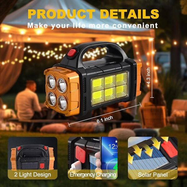Solar LED Flashlight, High Lumen Handheld Rechargeable Outdoor Spotlight, 4 Light Mode Searchlight for Camping Emergencies Hunting - Image 5