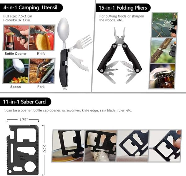 Emergency Survival Kit, 151 Pcs Survival Gear First Aid Kit, Outdoor Trauma Bag with Tactical Flashlight Knife Pliers Pen Blanket Bracelets Compass for Camping Earthquake or Adventures - Image 5