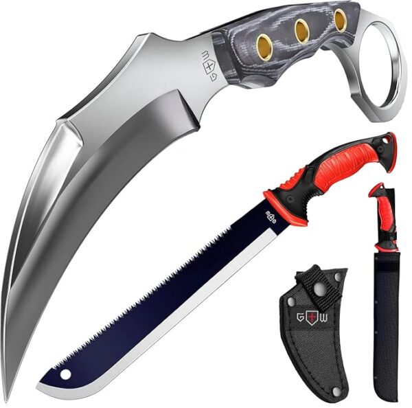 Grand Way Tactical Knife with Sheath â Micarta Handle â Survival Knife with Serrated Blade - Knives for Bushcraft Outdoor Hunting Garden Cutting Trees and Yard Work