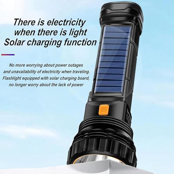 Solar/Rechargeable Multi Function 1000 Lumens LED Flashlight, with Emergency Strobe Light and 1200 Mah Battery, Emergency Power Supply and USB Charging Cable, Fast Charging (1PC) - Image 5