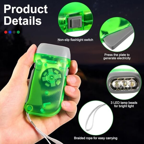 Treela 36 Pcs Hand Crank Flashlight Bulk Squeeze Wind up Flashlight No Battery with LED Self Powered Charging Torch Dynamo for Camping Emergency Survival Christmas(Green, Gray, Blue, Red) - Image 4