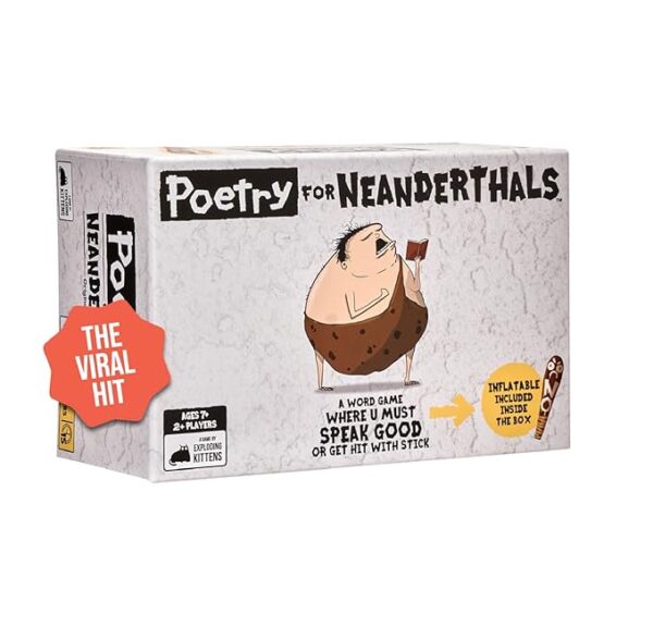 Exploding Kittens Presents Poetry for Neanderthals - Family Card Game for Adults, Teens & Kids - Competitive Word Guessing Family Games, Ages 7 and Up - Includes 200 cards and a 2-foot inflatable club