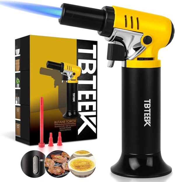 TBTeek Butane Torch with Fuel Gauge T907, One-hand Operation Kitchen Torch Lighter with Adjustable Flame for BBQ, Baking, Brulee Creme, Crafts and Soldering(Butane Gas Not Included) - Image 2