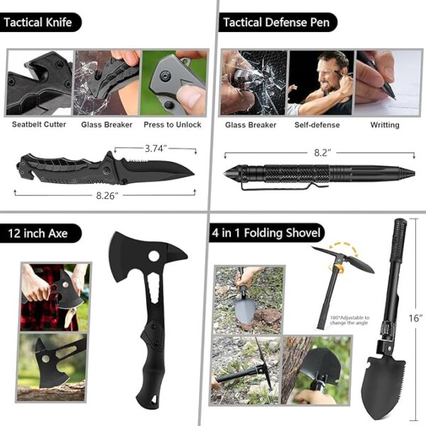 Emergency Survival Kit, 151 Pcs Survival Gear First Aid Kit, Outdoor Trauma Bag with Tactical Flashlight Knife Pliers Pen Blanket Bracelets Compass for Camping Earthquake or Adventures - Image 3