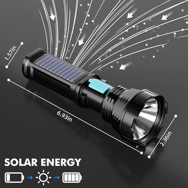 Solar/Rechargeable LED Flashlights, Multi Function Flashlight with 2000 mAh Battery, Emergency Strobe Light, Waterproof, Fast USB Charging, Survival Gear and Supplies for Emergencies Camping - Image 6