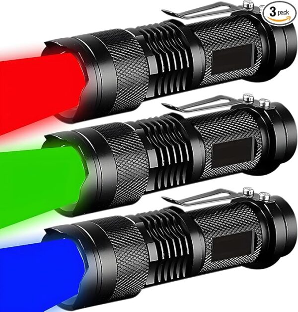3 Pack Red Green Blue Light Bright Small Flashlights, LED Mini Flashlight High Lumens Pen Light with 3 Modes, Zoomable Torch with Clip, Flash Light for Camping,Outdoor,Emergency - Image 2