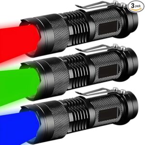3 Pack Red Green Blue Light Bright Small Flashlights, LED Mini Flashlight High Lumens Pen Light with 3 Modes, Zoomable Torch with Clip, Flash Light for Camping,Outdoor,Emergency