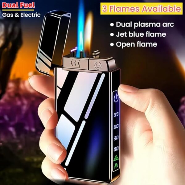 Torch Lighter, Butane Torch Open Flame Plasma Dual Arc 3-in-1 Lighter, USB Rechargeable Electric Lighters with Flashlight, Windproof Refillable Lighters (Without Fuel) (Black Ice) - Image 3