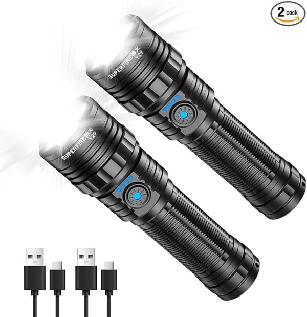 SuperFire Y29 Rechargeable Flashlight, 3280 Lumens, 5 Modes, Zoomable, for Camping, Hiking, Emergency, 2-Pack - Image 2