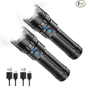 SuperFire Y29 Rechargeable Flashlight, 3280 Lumens, 5 Modes, Zoomable, for Camping, Hiking, Emergency, 2-Pack