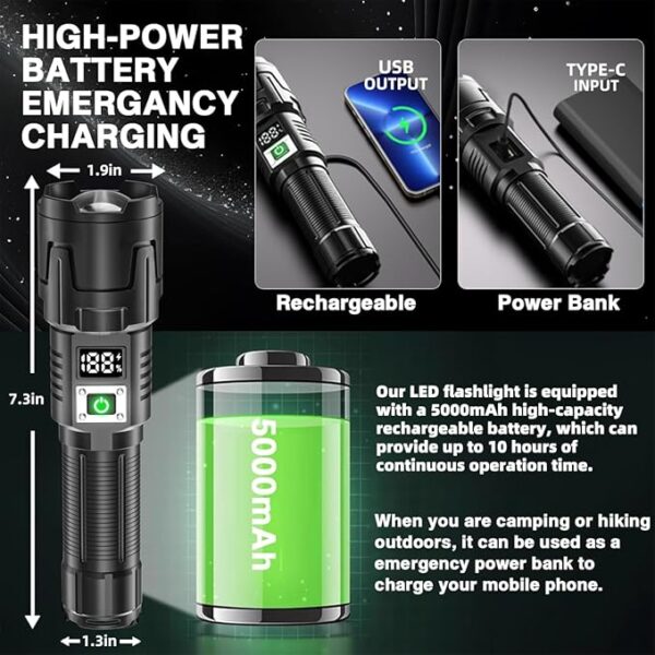 Rechargeable High Lumen LED Flashlight, 90,000 Lumens with Zoom, 3 Modes, IPX6 Water Resistant, Powerful Handheld Flashlight for Emergencies, Camping and Hiking - Image 3