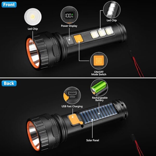 Solar Flashlights, 1500 Lumens Led Solar Powered Flashlights with Digital Display 2000mAh Battery Rechargeable Handheld Flashlights IP65 Waterproof Flashlights for Survival Emergencies, 4 Pack - Image 3