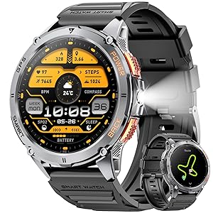 Military Smart Watch for Men with GPS, 1.43" AMOLED Bluetooth Call Smartwatch with LED Flashlight, Rugged Smart Watches for Android iOS, IP68 Waterproof Fitness Tracker with Heart Rate (Black)