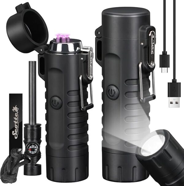 Scotte Plasma Windproof Arc Lighter Electric Lighter and LED Flashlight - 2 in 1 (Black)/5 in 1 Magnesium Fire Starter for Emergency Survival, Candle, Camping, Hiking, All Weather Magnesium Ferro Rod - Image 2