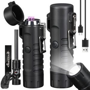 Scotte Plasma Windproof Arc Lighter Electric Lighter and LED Flashlight - 2 in 1 (Black)/5 in 1 Magnesium Fire Starter for Emergency Survival, Candle, Camping, Hiking, All Weather Magnesium Ferro Rod