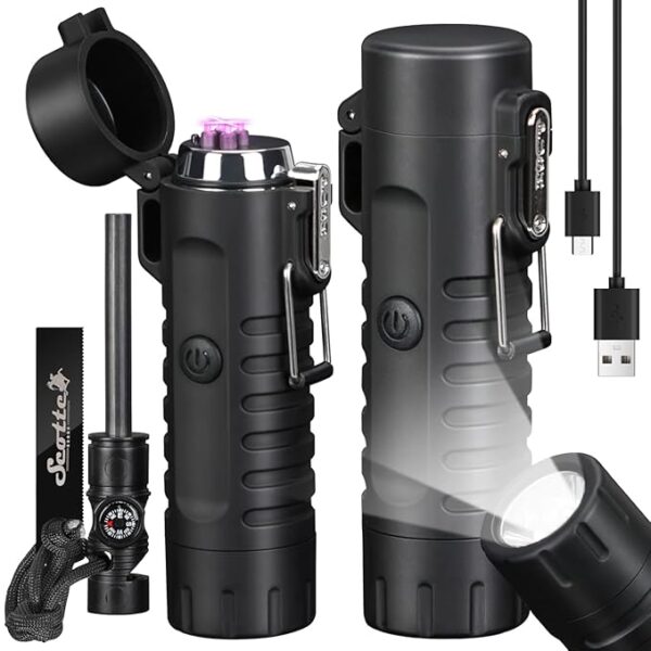 Scotte Plasma Windproof Arc Lighter Electric Lighter and LED Flashlight - 2 in 1 (Black)/5 in 1 Magnesium Fire Starter for Emergency Survival, Candle, Camping, Hiking, All Weather Magnesium Ferro Rod