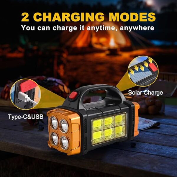 Solar LED Flashlight, High Lumen Handheld Rechargeable Outdoor Spotlight, 4 Light Mode Searchlight for Camping Emergencies Hunting - Image 3