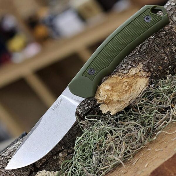 Kershaw Deschutes Skinner Fixed Blade Hunting Knife, Olive Handle with D2 Stainless Steel Drop Point Blade, Strong Grip with Finger Choil and Rubber Overlay, Includes Sheath - Image 4