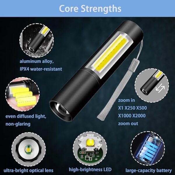 Rechargeable Mini Handheld Flashlights Portable Pocket Super Bright Flashlight Strong LED Flash Light with Side Light for Home Outdoor Emergency (Black) - Image 3