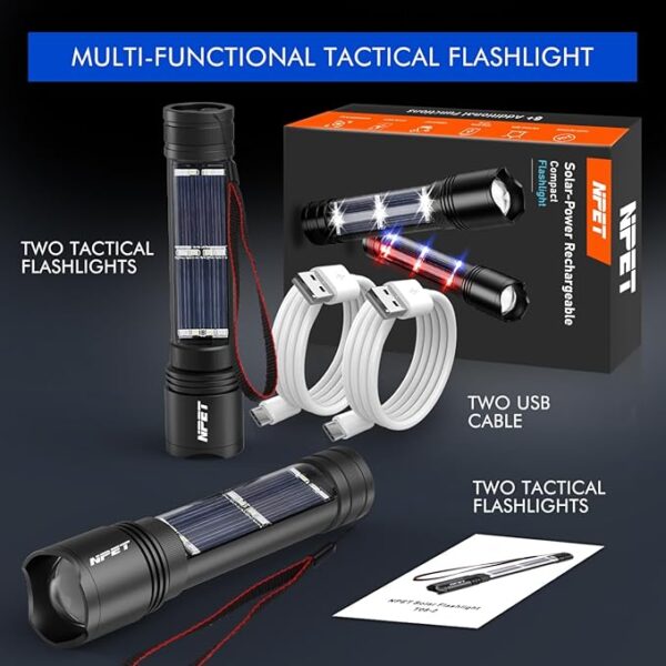 NPET T08-2 Solar Power Flashlight Car Flashlight USB Rechargeable Tactical Multi-Function Torch Emergency Tool (T08-2pack) - Image 3