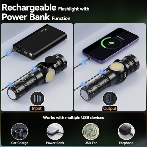 Rechargeable Flashlights High Lumens LED Super Bright Torch Magnetic Tactical Flashlight with COB SideLight,Zoomable,Waterproof Linternas with LCD Digital Display for Camping Home Emergency Gift - Image 5