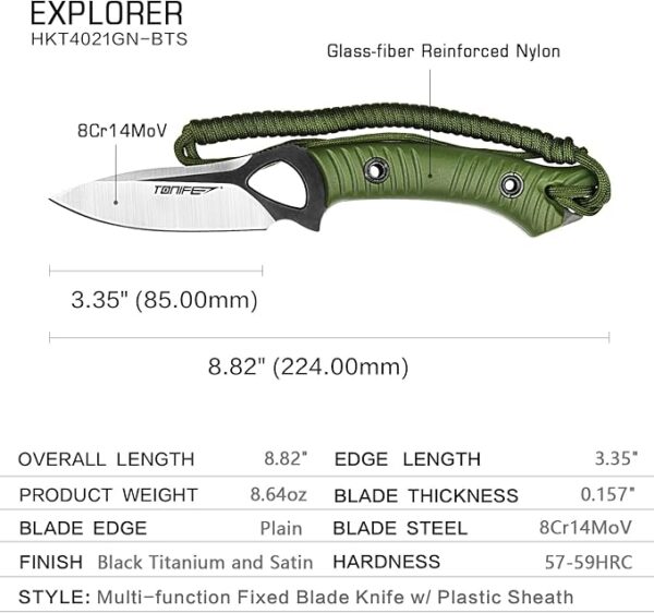TONIFE Explorer Fixed Blade Knife with Sheath 8Cr14moV Multifunctional Survival Knife Blade with Fiberglass Reinforced Nylon Handle for Outdoor EDC Knife - Image 5